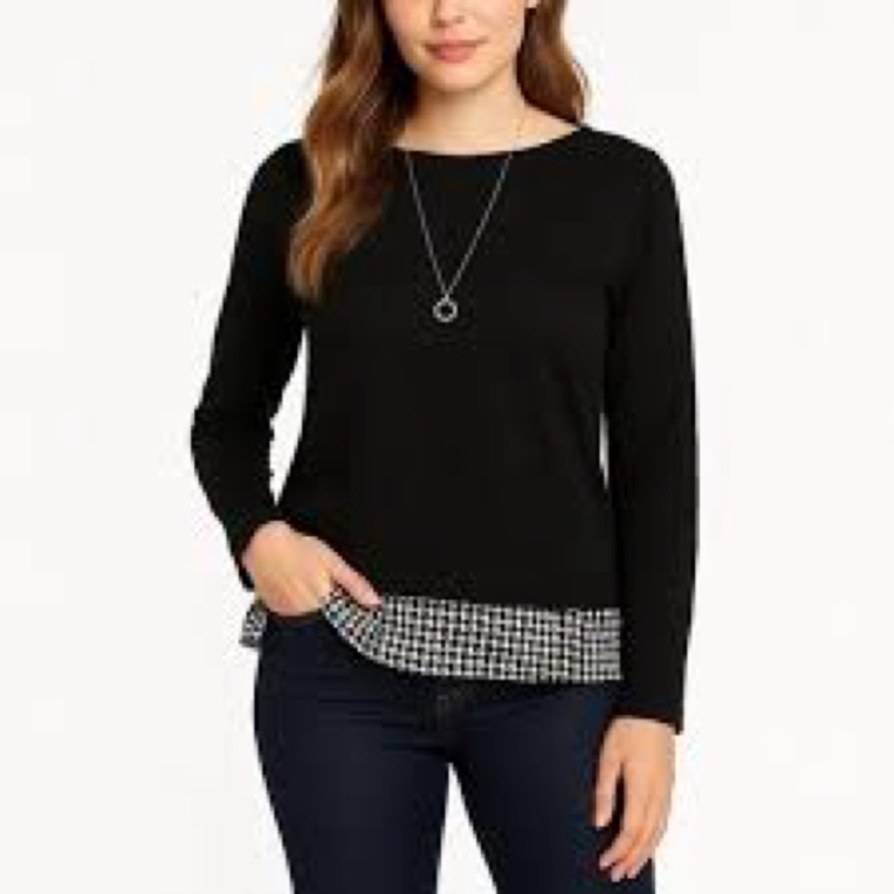 J. Crew Women’s Black Long Sleeve w/ Houndstooth Ruffle Hem Sweater Top Sz Small